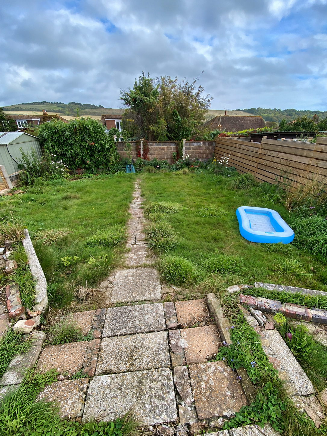 Overgrown Garden Path Under Cloudy Skies